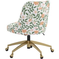 an office chair with wheels and flowers on the back, sitting on a white background