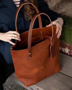 Cypress Tote | Leather Tote bag made in the USA by KMM & Co. Cognac Tote Bag With Top Carry Handle, Cognac Tote Shoulder Bag With Leather Handles, Pre-owned Leather Tote Bag, Cognac Tote Bag With Zipper Closure, Cognac Smooth Grain Tote Satchel, Slouchy Leather Tote, Brown Leather Tote Bag, Tan Bag, Vegan Leather Tote