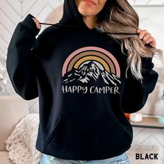 Retro Camping Sweatshirt or Hoodie,  Rainbow Mountain Hiking Crewneck , Outdoor Nature Lover Backpacking Sweater, Womens Camp Hike Gifts KIDS SIZES HERE:  https://thegraphicpeach.etsy.com/listing/1675935440 Our shop uses direct-to-garment printing to make our products. The design ink is sprayed on, then allowed to soak into the fibers of the garment. This process yields fine quality prints and a smooth finish on the garment. GILDAN UNISEX CREW NECK SWEATSHIRT This well-loved Gildan 18000 Unisex Black Sweatshirt With Letter Print For Outdoor, Black Hoodie With Letter Print For Outdoor Activities, Casual Black Hiking Hoodie, Casual Hoodie With Letter Print For Camping, Hooded Letter Print Sweatshirt For Hiking, Hooded Sweatshirt With Letter Print For Hiking, Graphic Print Hoodie Sweatshirt For Outdoor, Cozy Outdoor Hoodie Sweatshirt, Relaxed Fit Graphic Sweatshirt For Camping