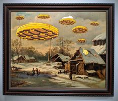 a painting with people standing in front of it and flying kites above the snow covered ground