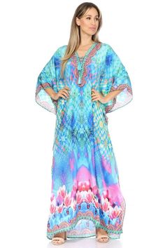 This caftan dress cover-up is made of lightweight material with no structure so that it drapes effortlessly and elegantly. It is very forgiving and loose-fitting for maximum comfort and best wear. Colours are very vibrant and unique. Each dress is handmade and timeless. This caftan dress is very lightweight and elegant that it can be worn a multiple of different ways. The color combinations are unique.