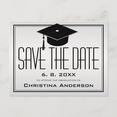 save the date card with a graduation cap and tassel in black on a white marble background