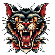 an angry cat's face with its mouth open and fangs out, on a white background