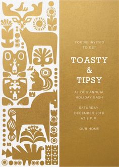 a gold and white wedding card with an animal design on the front, and text that reads toasty & tipsy at the bottom