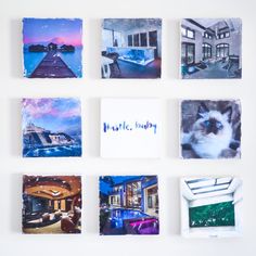 several photographs are arranged on the wall with words written below them and an image of a cat