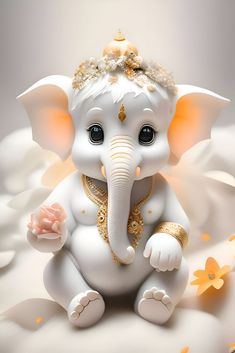 an elephant statue sitting on top of a white floor covered in gold and pink confetti