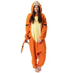 Winnie the Pooh is the all-time classic tale of Christopher Robin and his group of woodland friends from Hundred Acre Woods, Pooh Bear, Tigger, Piglet, Owl, and Eeyore. This Tigger adult Kigurumi pajama features a front zipper closure with an extremely baggy style to give it that Kigurumi costume look! The hood has a great 3D Tigger face with high-quality embroidered details puffy 3D ears, and a tail on the back. The whole Tigger pajama costume outfit is made of an ultra-soft sherpa fleece fabri Tigger Onesie, Tigger Costume, Winnie The Pooh Costume, Tiger Costume, Pajama Costume, Pajama Outfit, Hundred Acre Woods, Union Suit, Christopher Robin