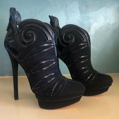 Beautiful B Brian Atwood Figara Scroll Suede And Patent Leather Platform Booties. Never Been Worn In Brand New Condition. Designer Black Heels With Wooden Heel, Brian Atwood Shoes, Black Suede Booties, Brian Atwood, Suede Booties, Black Suede, Patent Leather, Bootie Boots, Ankle Boots