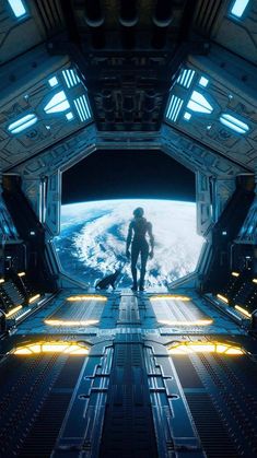 a sci - fi space station with a man standing in the doorway looking at an alien planet