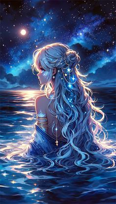 a woman with long hair sitting on top of a body of water under a night sky