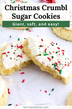 christmas crumbl sugar cookies with white frosting and sprinkles on top