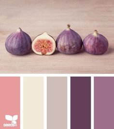 an assortment of fruits and vegetables on a table with color swatches in the background