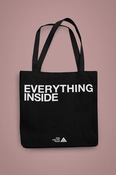 This stylish and practical 100% cotton black tote bag is perfect for carrying all your essentials with ease. Handmade with care, this bag features a heat-pressed vinyl design with the phrase "Everything Inside" in bold white letters. The high-quality vinyl ensures that the text won't peel or fade over time, making it a durable choice for everyday use. Not only is this tote bag functional, but it's also eco-friendly. Made from environmentally sustainable materials, this bag is a great choice for anyone looking to reduce their carbon footprint. The spacious interior provides ample room for all your belongings, while the sturdy handles make it comfortable to carry for extended periods of time. Whether you're running errands, heading to work, or going on a weekend adventure, this black tote ba Eco-friendly Black Everyday Bag, Everyday Canvas Bag With Letter Print, Black Cotton Shoulder Bag For Daily Life, Branded Tote Canvas Bag For Everyday, Branded Everyday Tote Canvas Bag, Everyday Branded Tote Canvas Bag, Cotton Tote Bag With Branding, Eco-friendly Everyday Canvas Bag With Branding, Eco-friendly Canvas Bag For Everyday