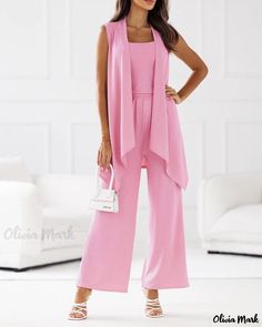 Olivia Mark - Three-Piece Ensemble: Sleeveless Camisole Top, Flared Leg Pants, and Matching Coat Pink Solid Color Spring Sets, Pink Solid Color Summer Sets, Stretch Sleeveless Solid Color Sets, Stretch Solid Color Sleeveless Sets, Pink Tank Top For Summer Workwear, Pink Sleeveless Jumpsuits And Rompers, Chic Sleeveless Loungewear Set, Chic Sleeveless Sets For Loungewear, Fitted Sleeveless Solid Color Sets