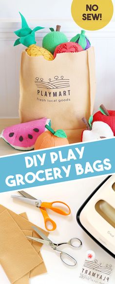 diy play grocery bags for kids to make with paper, scissors and other crafting supplies