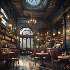 the interior of a restaurant with many tables and chairs