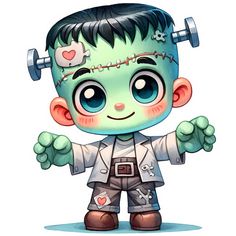 an image of a cartoon character with big eyes and green hair, holding two dumbbells on his head