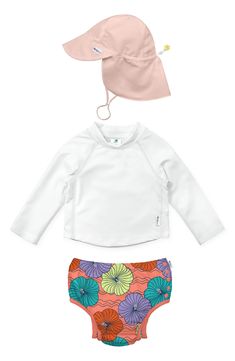 Keep baby's skin protected from the sun, sand and surf as they splash and play in this coordinating set featuring a long-sleeve rashugard, swim diaper and hat. Includes rashguard, swim diaper and sun hat Rashguard has half-zip closure with chin guard Swim diaper has elastic waist Sun hat has toggled chin strap UPF 50+ sun protection 100% recycled polyester Machine wash, tumble dry Imported Spring Adjustable Swimwear With Uv Protection, Adjustable Summer Swimwear With Uv Protection, Adjustable Swimwear With Uv Protection For Spring, Adjustable Uv Protection Summer Swimwear, Adjustable Summer Swimwear With Upf 50+, Adjustable Upf 50+ Summer Swimwear, Adjustable Swimwear With Upf 50+ For Beach, Adjustable Swimwear For Pool With Upf 50+, Adjustable Swimwear With Upf 50+ For Pool