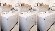 three pictures of a washer and dryer side by side in the same room