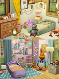 two pictures of a child's bedroom with teddy bears and other toys in it