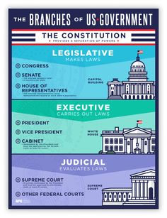 the branches of u s government in blue, green and purple poster with white lettering