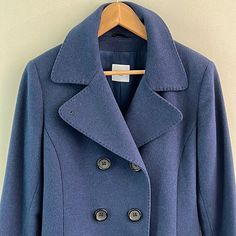 Like New Cinzia Rocca Due Deep Blue Double Breasted Wool Cashmere Coat. Very Soft Made Of 80% Wool 20% Cashmere And Fully Lined. Has Beautiful Stitching Around Collar Line And On Front Slant Pockets. Size 8. Measurements Are 19 Inches From Armpit To Armpit Flat And 30 1/2 Inches In Length. I Cannot Say That This Is A New Piece But I Do Not See Any Signs Of Where. Very Good Condition. Please Ask If You Have Any Questions. # Quite Luxury Minimalist Blue Fitted Pea Coat For Office, Fitted Blue Pea Coat For Office, Blue Double-breasted Long Sleeve Pea Coat, Chic Blue Double-breasted Pea Coat, Tailored Blue Pea Coat With Long Sleeves, Blue Tailored Long Sleeve Pea Coat, Formal Spring Peacoat With Long Sleeves, Blue Spring Formal Peacoat, Formal Long Sleeve Spring Peacoat