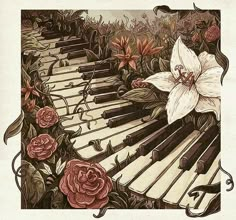 a drawing of an old piano with flowers on it