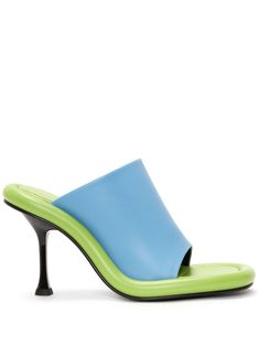 blue/green/black calf leather slip-on style branded leather insole leather sole square open toe high sculpted heel Luxury Blue Leather Mules, Modern Green Mules With Sculpted Heel, Blue Mules With Sculpted Heel For Spring, Blue Square Toe Mules For Summer, Blue Sandals With Sculpted Heel And Square Toe, Modern Blue Slip-on Mules, Blue Leather Mules With Leather Sole, Blue Mules With Deep Heel Cup And Open Heel, Formal Blue Mules With Padded Heel