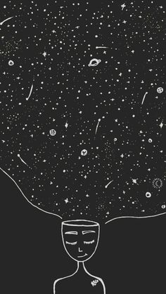 a drawing of a man's head with stars in the sky above it and other objects floating around