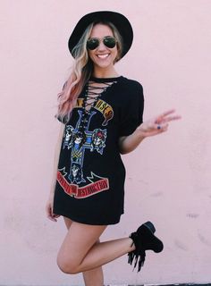 A personal favorite from my Etsy shop https://www.etsy.com/listing/289832231/lace-up-guns-n-roses-band-t-shirt-dress Edgy T-shirt For Music Festivals Streetwear, Punk Style Summer Festival T-shirt, Edgy T-shirt For Music Festival In Summer, Rocker Distressed T-shirt For Concert, Rocker Style T-shirt For Music Festivals, Look Grunge, Festival Mode, Skirt Trends, Trend Fashion