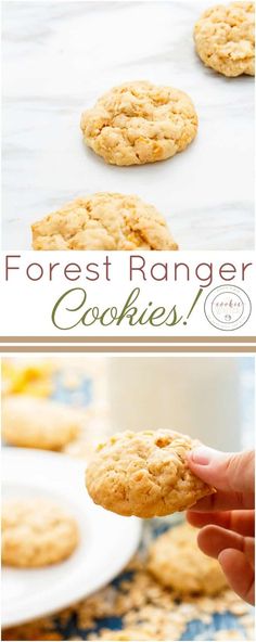 a person holding up a cookie in front of some cookies on a white plate with the words forest ranger cookies above it