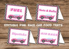 printable pink race car food tent signs