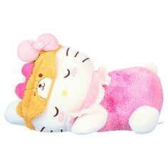 a hello kitty stuffed animal laying on top of a white floor next to a pink and yellow teddy bear