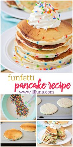 pancakes with white frosting and sprinkles are stacked on top of each other