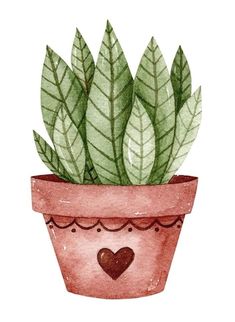 a potted plant with green leaves and a heart on the side, painted in watercolor