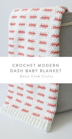 the crochet modern dish baby blanket is shown in red and white, with text overlay