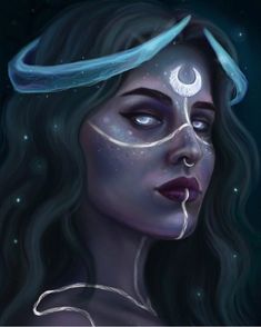 a painting of a woman with her eyes closed and the moon behind her head is glowing