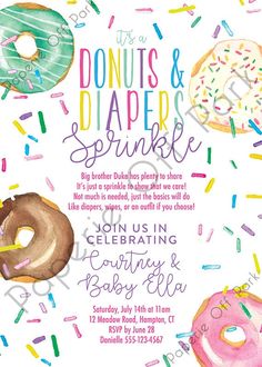 a birthday party poster with donuts and sprinkles on it's white background