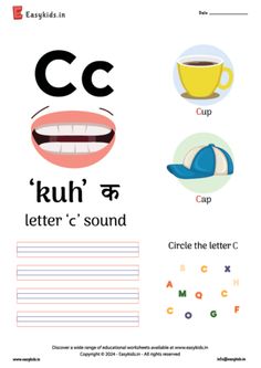 the letter c worksheet is shown with different letters and their corresponding parts in english