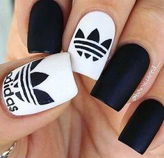 Adidas Nails, Black And White Nails, Tato Henna, White Nail Art, White Nail Designs, Cute Nail Designs, Matte Nails, Blue Nails, Trendy Nails