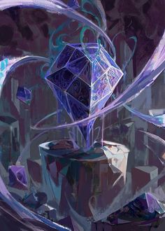 an abstract painting of a cube on top of a glass container with liquid swirling around it