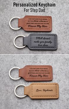 personalized keychain for step dad with leather backing and stitching on both sides