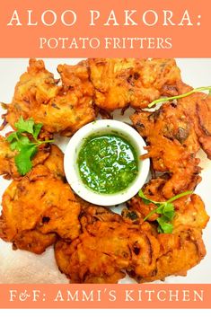 a plate with fried food on it and the words aloo pakora potato fritters