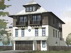 this is an artist's rendering of a three - story house with balconies on the second floor