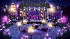 a room filled with lots of purple furniture and candles in the middle of it's walls