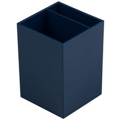 a blue square vase is shown against a white background