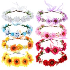 PRICES MAY VARY. 【SET OF 8 SPECIAL COLORS】--Each flower headband displays one main color, total 8 different beautiful colors including white, pink, rose pink, red, purpel, orange, yellow and blue like photo show. It is so easy to find a perfect headband among them for matching the outfit of women or girls. 【HIGH QUALITY MATERIAL】--All flowers with green leaves are carefully handcrafted by high quality fabric and then attached on iron wire covered by green leaves which ensure the comfort of weari Wreath With Ribbon, Crown Wreath, Boho Sunflower, Fairytale Birthday, Headband Display, Fabric Flower Headbands, Blue Sunflower, Flowers Crown, Sunflower Daisy