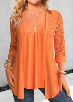 $35.98 - What do you think of this latest design fashion trend that is so cute - Orange Lace Three Quarter Length Sleeve T Shirt - Description: Each and every item’s materials are handpicked and crafted with care for continued quality and style. Features: Stylish, Comfortable, High Quality, Unique Specs: 1 X T Shirt,Other,Tribal,Orange,S,M,L,XL,XXL   Size information: We recommend to choose a s... Orange Long Sleeve Bohemian Cardigan, Orange Lace Top, Casual Orange Tops With 3/4 Sleeves, Orange Drapes, Orange Long Sleeve Cardigan With Button Closure, Casual Orange Moisture-wicking Tops, Bohemian Peach V-neck Tops, Collar Tshirt