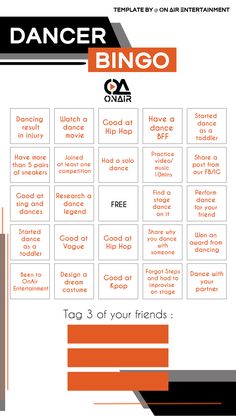 an orange and white flyer with the words dancer bingo written in black on it