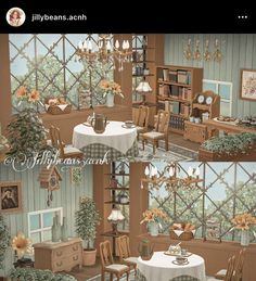 two pictures of a dining room with tables and chairs